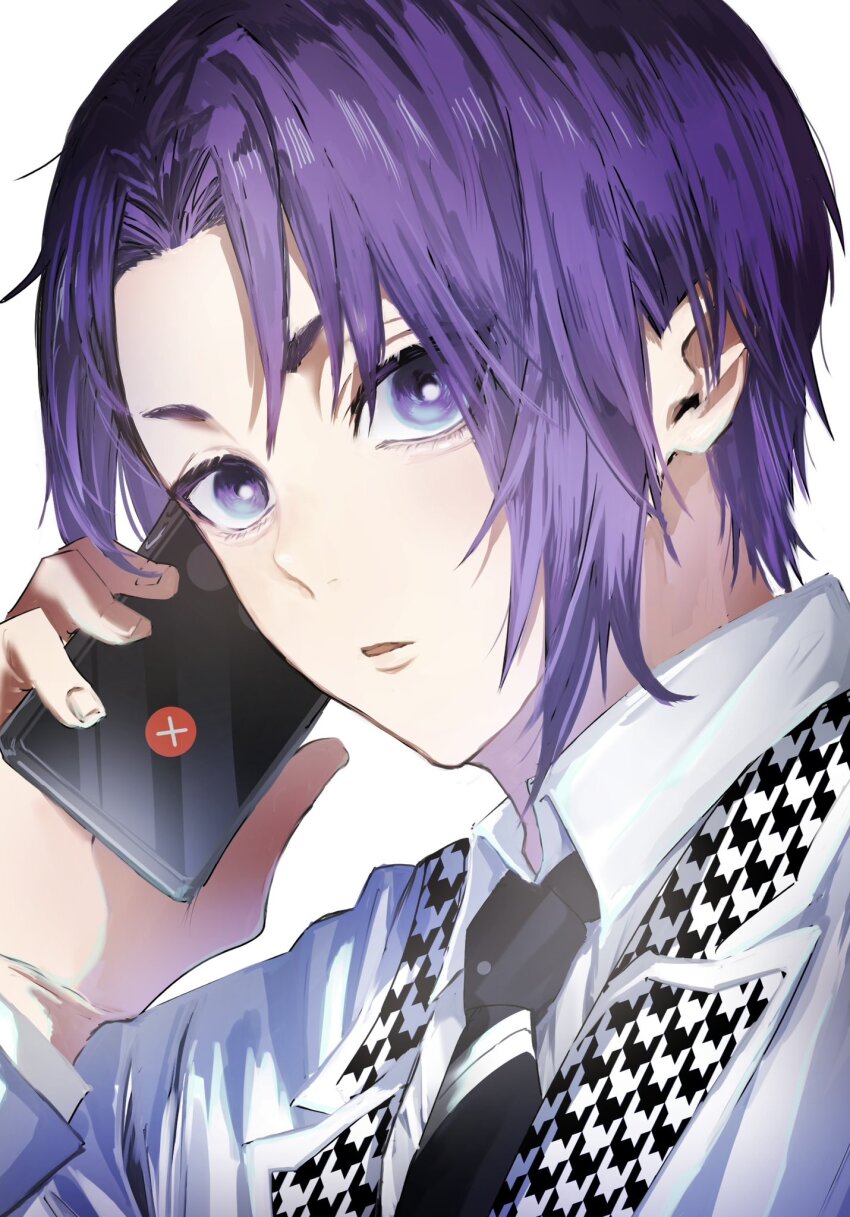 1boy blue_lock bright_pupils collared_shirt commentary fingernails highres holding holding_phone lapels long_sleeves looking_at_viewer male_focus mikage_reo naka_(58hrprtr) necktie notched_lapels parted_lips phone purple_eyes purple_hair school_uniform shirt short_hair simple_background solo talking_on_phone upper_body white_background white_pupils