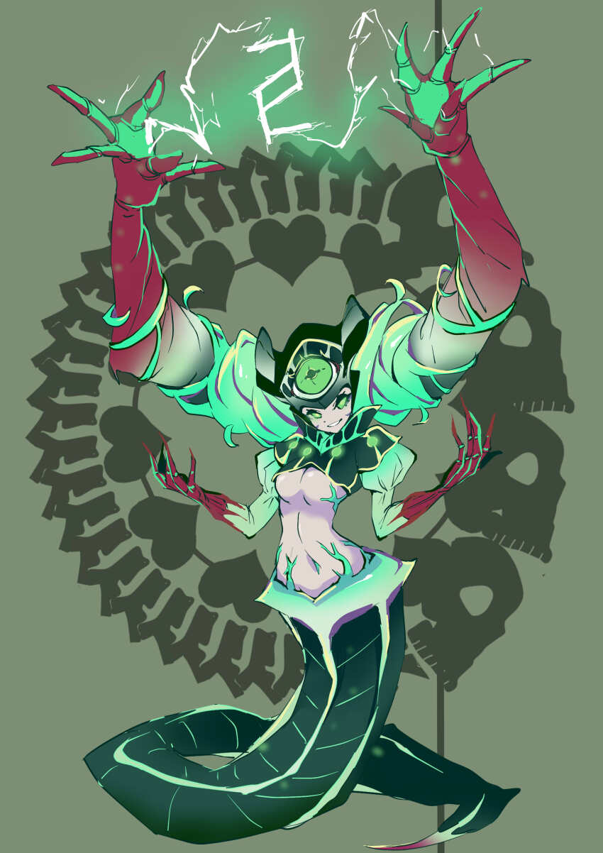 1girl absurdres bone breasts clothing_cutout crossover electricity energy eternal_darkness:_sanity&#039;s_requiem extra_arms extra_eyes extra_hands glowing glowing_eyes glyph green_background green_eyes green_hair heart_(symbol) highres horizontal_pupils long_hair looking_at_viewer mermaid midriff monster_girl navel nintendo no_pupils personification revealing_clothes sigil silicon_knights simple_background skull slit_pupils small_breasts smile spine stomach_cutout sucker_for_love tail tn_scallion underboob very_long_hair xel&#039;lotath