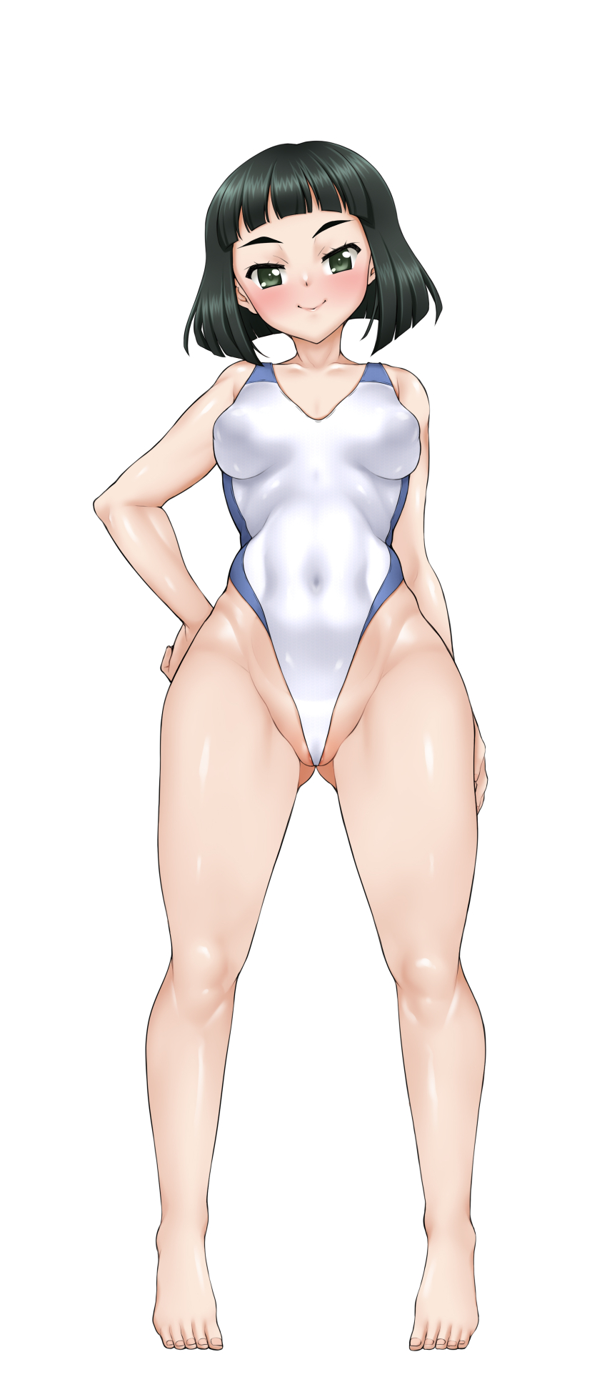 1girl absurdres black_hair blush breasts breasts_apart closed_mouth covered_navel full_body girls_und_panzer green_eyes hand_on_own_hip highleg highres looking_at_viewer medium_breasts nishihara_yasoko one-piece_swimsuit shiromitsu_suzaku short_hair simple_background smile solo swimsuit white_background white_one-piece_swimsuit