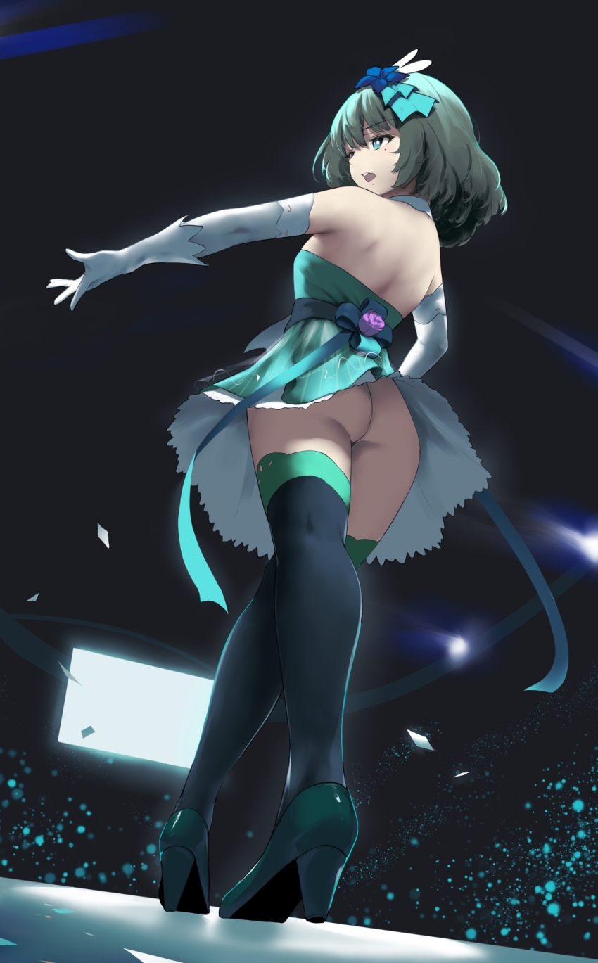 1girl ass black_thighhighs confetti den_(kur0_yuki) elbow_gloves flower from_below gloves green_footwear green_hair high_heels highres idolmaster idolmaster_cinderella_girls mole mole_under_eye no_panties open_mouth outstretched_arm pink_flower pink_rose rose short_hair simple_background solo takagaki_kaede teeth thighhighs upper_teeth_only upskirt white_gloves