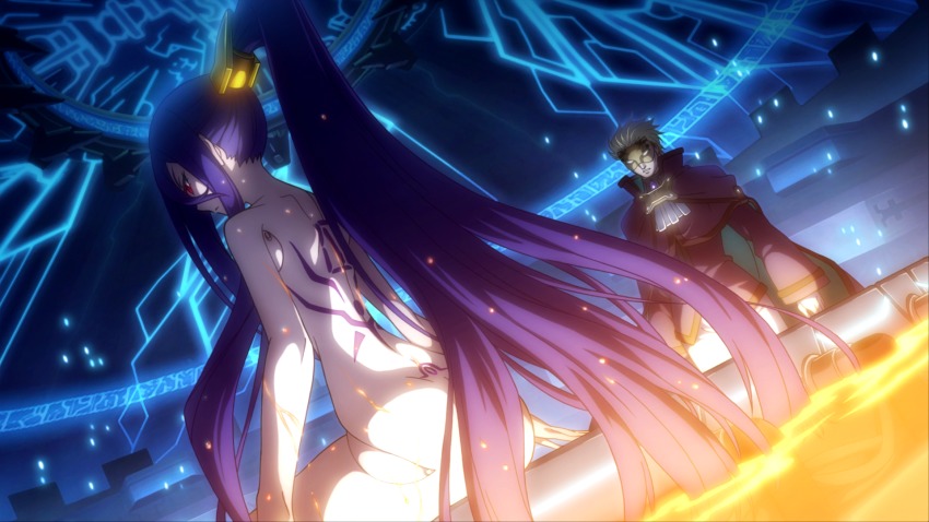 1boy 1girl arc_system_works ass back_tattoo blazblue blazblue:_central_fiction blonde_hair butt_crack convenient_censoring game_cg hades_izanami hair_censor hair_ornament highres long_hair mikado_(blazblue) nude ponytail purple_hair red_eyes relius_clover tattoo tramp_stamp very_long_hair
