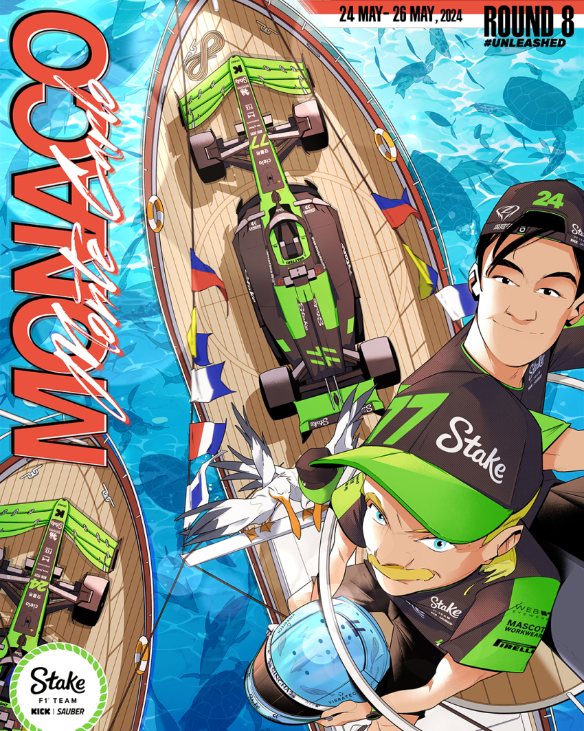 2boys baseball_cap bird black_car black_eyes black_hair black_hat black_shirt black_shorts boat car dolphin facial_hair fish flag formula_one from_above hat helmet highres holding holding_helmet juan_alcala lens_flare looking_at_viewer making-of_available male_focus mullet multiple_boys mustache ocean official_art pirelli promotional_art real_life sauber sauber_c44 sea_turtle seagull shirt short_hair shorts smile turtle valtteri_bottas vehicle_focus water watercraft zhou_guanyu