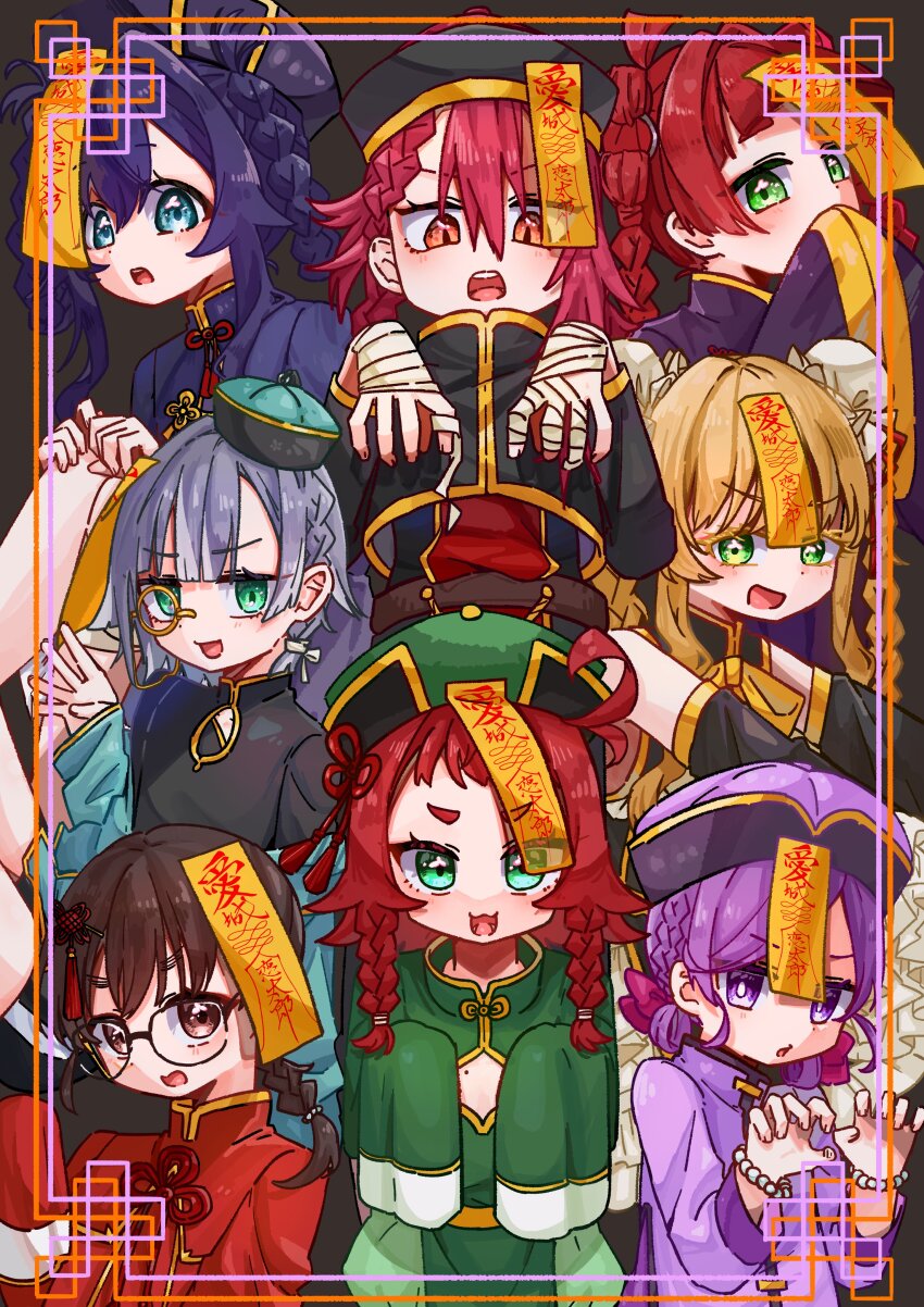 6+girls artist_request black_hair blonde_hair blue_eyes blue_hair braid bun_cover chinese_clothes dei_matsuri double_bun female_focus glasses green_eyes grey_hair hair_bun hat hifumi_suu iin_chiyo jiangshi kimi_no_koto_ga_dai_dai_dai_dai_daisuki_na_100-nin_no_kanojo looking_at_viewer matching_hair/eyes momi_momiji multiple_girls ofuda ofuda_on_head open_mouth orange_eyes purple_eyes purple_hair red_hair short_hair smile tomogara_saki trait_connection twin_braids yakuzen_kusuri yakuzen_yaku yoshimoto_shizuka