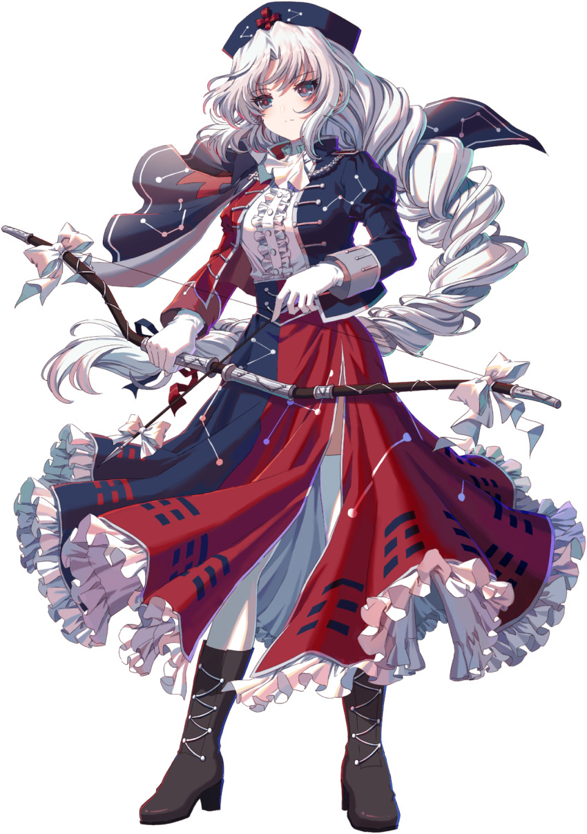 1girl adapted_costume arrow_(projectile) ascot black_boots blue_capelet blue_eyes blue_hat blue_jacket blue_skirt boots bow_(weapon) braid braided_ponytail capelet center_frills constellation_print cross frilled_skirt frills full_body game_cg gloves hat high_heel_boots high_heels highres holding holding_arrow holding_bow_(weapon) holding_weapon jacket juliet_sleeves kumio long_skirt long_sleeves non-web_source nurse_cap puffy_sleeves red_cross red_jacket red_skirt ribbon shirt single_braid skirt solo tachi-e thighhighs touhou touhou_blooming_chaos trigram weapon white_ascot white_gloves white_hair white_ribbon white_shirt white_thighhighs yagokoro_eirin zettai_ryouiki