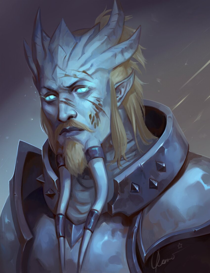 1boy armor beard blonde_hair blue_eyes blue_sclera blue_skin colored_sclera colored_skin draenei facial_hair highres horns kueshka looking_at_viewer mustache pointy_ears signature solo tendril warcraft
