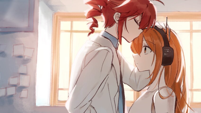 2girls a.i._voice adachi_rei ahoge alternate_costume android black_necktie blue_shirt closed_eyes coat drill_hair from_side headphones highres igaku_(utau) indoors kasane_teto kiss multiple_girls necktie orange_eyes orange_hair paper samsap shirt side_drill upper_body utau white_coat window