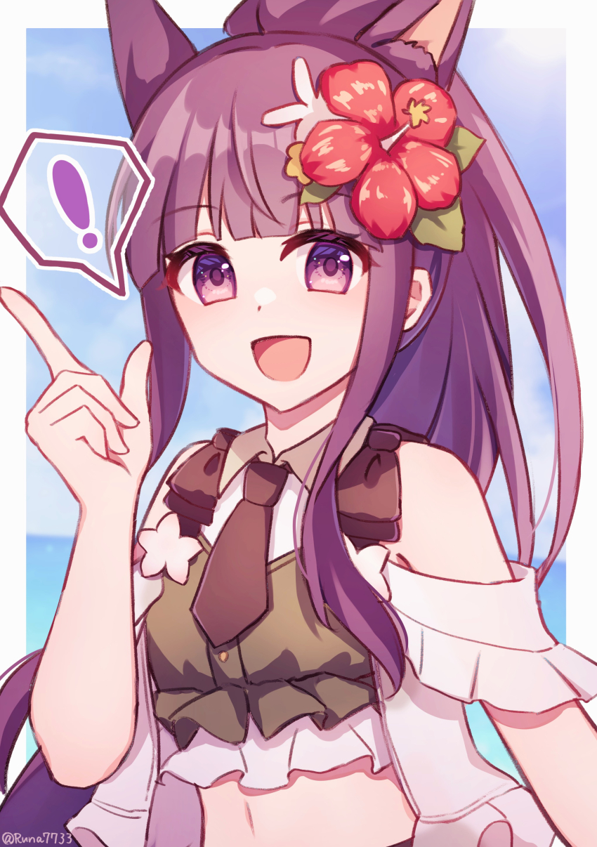 ! 1girl absurdres animal_ears arched_bangs bare_shoulders black_necktie blue_sky border cloud collared_shirt commentary crop_top day dog_ears eyelashes flower frills green_shirt hair_flower hair_ornament hand_up high_ponytail highres index_finger_raised kasumi_(princess_connect!) kasumi_(summer)_(princess_connect!) layered_clothes long_hair looking_at_viewer navel necktie ocean open_mouth outdoors outside_border ponytail princess_connect! purple_eyes purple_hair runa_(runa7733) shirt short_necktie sidelocks sky smile solo speech_bubble spoken_exclamation_mark sunlight twitter_username upper_body white_border white_shirt