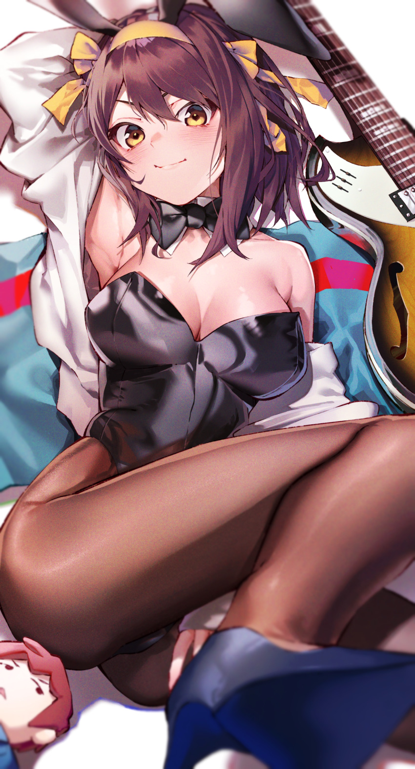 1girl animal_ears arm_up black_bow black_bowtie black_cola black_footwear black_leotard blush bow bowtie breasts brown_eyes brown_hair brown_pantyhose character_doll cleavage closed_mouth unworn_clothes commentary_request detached_collar fake_animal_ears guitar hair_ribbon hairband high_heels highres instrument kita_high_school_uniform kyon large_breasts leotard long_sleeves looking_at_viewer lying medium_hair official_alternate_costume on_back pantyhose partially_undressed playboy_bunny rabbit_ears ribbon school_uniform shadow smile solo suzumiya_haruhi suzumiya_haruhi_no_yuuutsu yellow_hairband