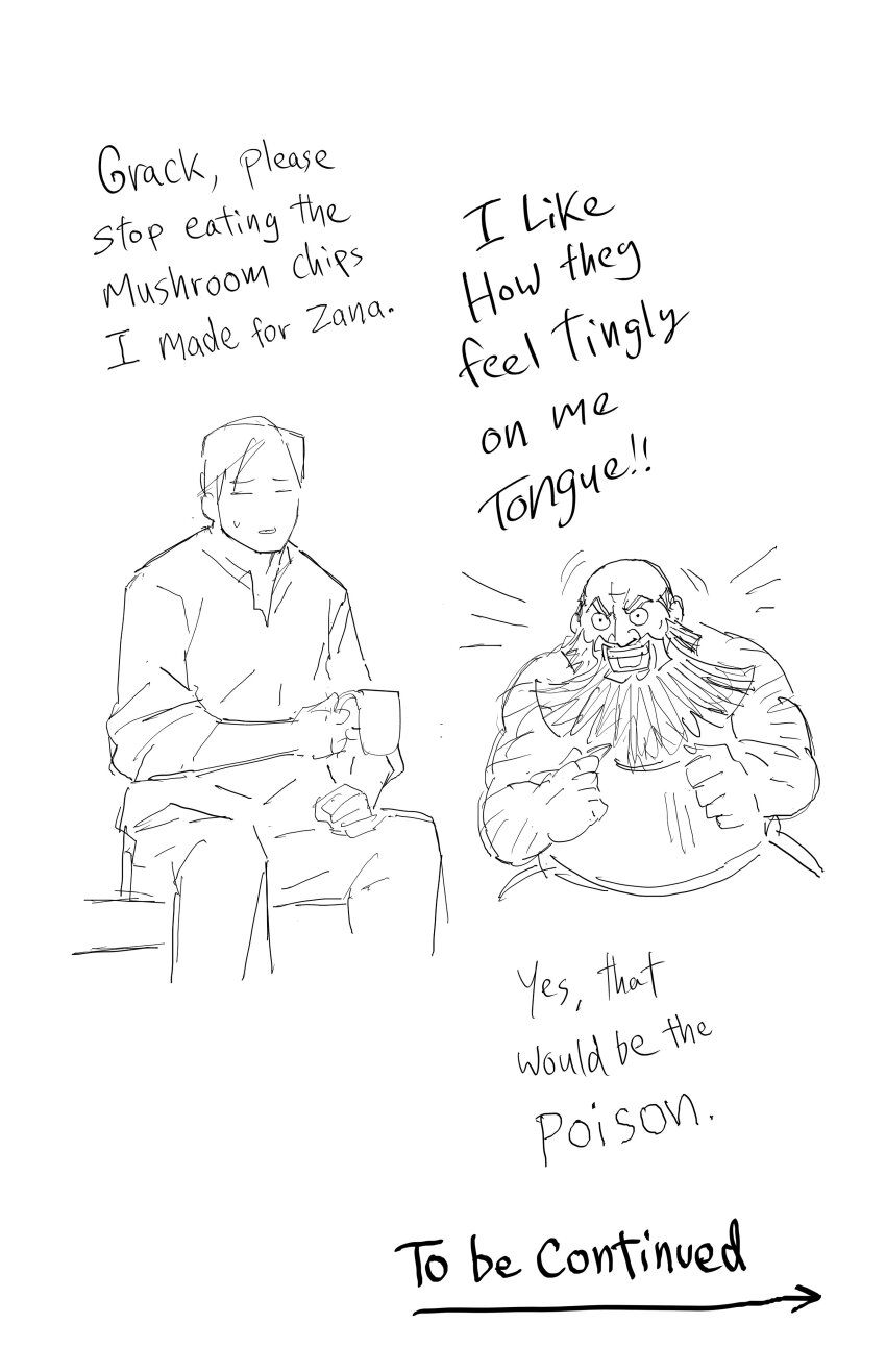 2boys absurdres bb_(baalbuddy) beard cup dungeons_&amp;_dragons dwarf english_text facial_hair grack_(dark_elf_stepsister) highres holding holding_cup monochrome multiple_boys poison sitting sweatdrop to_be_continued tunic white_background willford_diccard