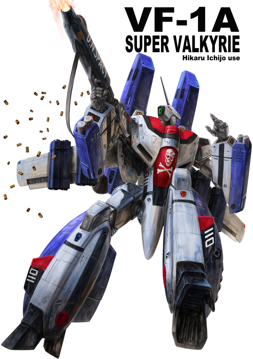 1980s_(style) absurdres battle commentary_request damaged derivative_work dirty energy_cannon firing gunpod highres ichijou_hikaru jolly_roger macross macross:_do_you_remember_love? mecha mecha_focus missile missile_pod official_style oldschool realistic retro_artstyle robot roundel science_fiction shell_casing simple_background solo strap takani_yoshiyuki_(style) thrusters u.n._spacy variable_fighter vf-1 vf-1_super vf-1a zandan_zero_to_na!?