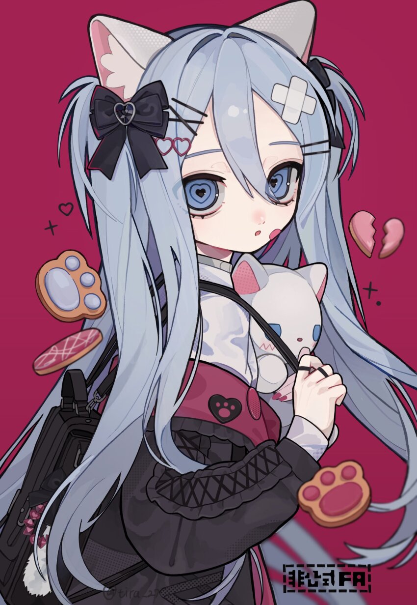 1girl :o animal_ears animal_hands backpack badge bag bandaid bandaid_hair_ornament bandaid_on_cheek bandaid_on_face black_bag black_bow black_jacket blue_eyes blush bow broken_heart brooch button_badge cat_ears cat_girl cat_loving_(cevio) cat_paws commentary cookie cross-laced_clothes cross-laced_sleeves english_commentary food grey_hair hair_between_eyes hair_bow hair_intakes hair_ornament hairclip heart heart-shaped_pupils heart_brooch heart_hair_ornament highres jacket jewelry kemonomimi_mode long_hair long_sleeves looking_at_viewer multiple_girls nose_blush off_shoulder official_alternate_costume project_sekai red_background red_nails ring ringed_eyes shirt simple_background solo symbol-shaped_pupils tira_27 very_long_hair white_shirt yoisaki_kanade