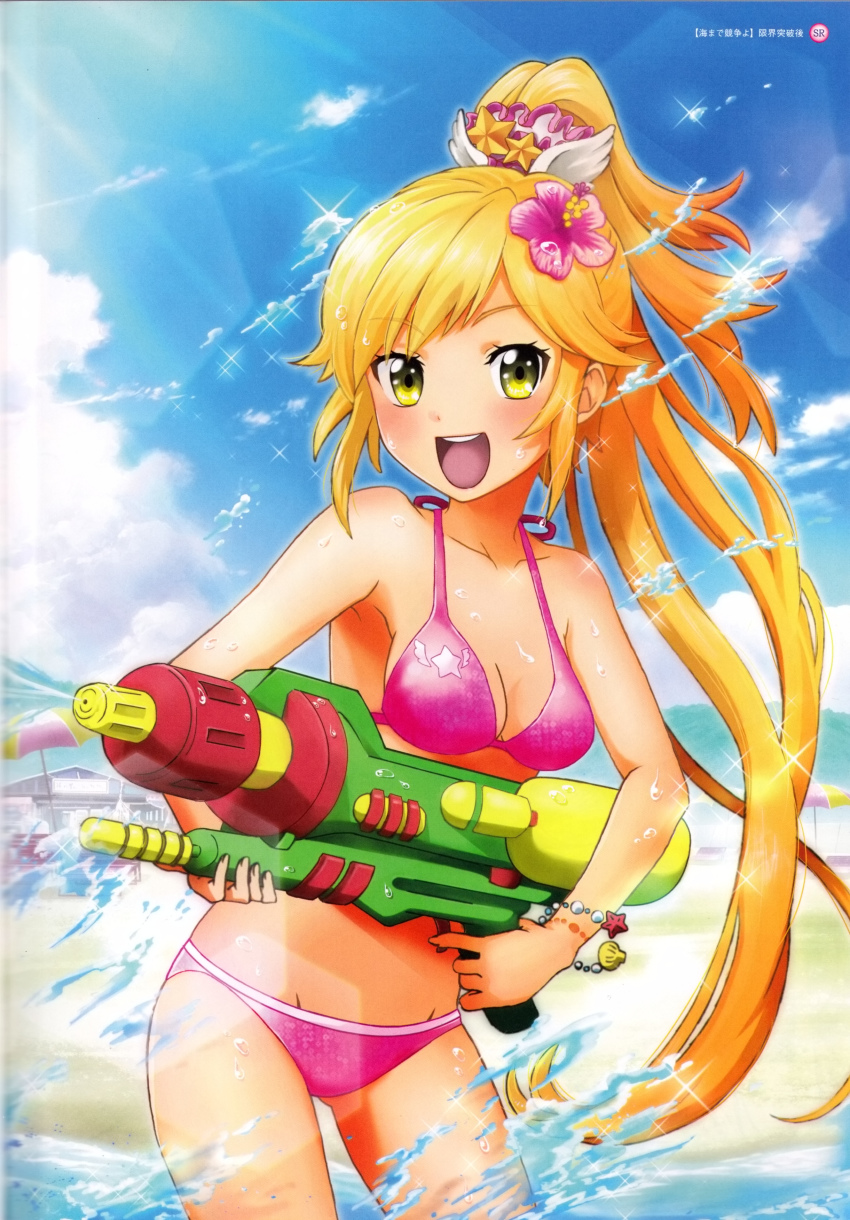 1girl absurdres animal anmi beach beach_umbrella bikini blonde_hair blush bracelet breasts building clam clam_shell cloud collarbone fantasista_doll flower hair_flower hair_ornament highres holding holding_water_gun jewelry long_hair looking_at_viewer navel ocean open_mouth pink_bikini ponytail print_bikini sand sasara_(fantasista_doll) scrunchie sky small_breasts smile sparkle standing star_(symbol) star_print starfish swimsuit table teeth tree umbrella wading water water_gun wet yellow_eyes