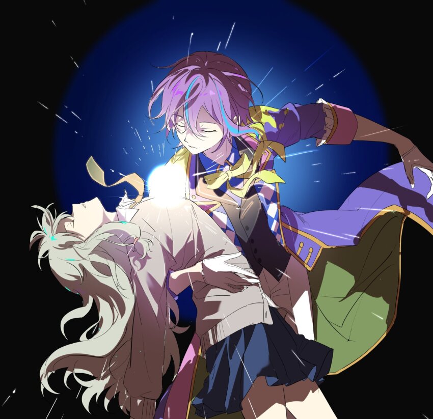 1boy 1girl bad_id bad_twitter_id black_background black_vest blue_hair blue_shirt blue_skirt cardigan closed_eyes coat collared_shirt green_hair grey_cardigan highres iwatnc kamishiro_rui kamiyama_high_school_uniform_(project_sekai) kusanagi_nene leaning_back light long_hair long_sleeves low-tied_sidelocks multicolored_hair neck_ribbon necktie pants parted_lips pleated_skirt project_sekai purple_coat purple_hair ribbon school_uniform sekai_wo_kakumei_suru_chikara_wo shirt shoujo_kakumei_utena sidelocks skirt streaked_hair very_long_hair vest white_pants white_shirt yellow_ribbon
