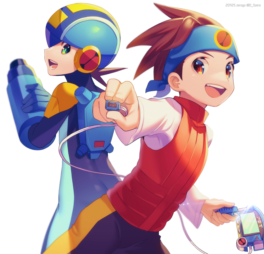 2boys :d arm_cannon black_shorts blue_headwear blue_helmet blurry bodysuit brown_eyes brown_hair brown_vest cable commentary_request copyright_name dated depth_of_field fingernails gradient_background green_eyes happy helmet highres holding holding_cable lan_hikari_(mega_man) long_sleeves looking_at_viewer looking_back male_focus mega_man_(series) mega_man_battle_network mega_man_battle_network_(series) megaman.exe multiple_boys netnavi open_mouth personal_terminal purple_bodysuit shirt short_hair shorts simple_background smile spiked_hair teeth turtleneck upper_teeth_only vest weapon white_background white_shirt zero-go
