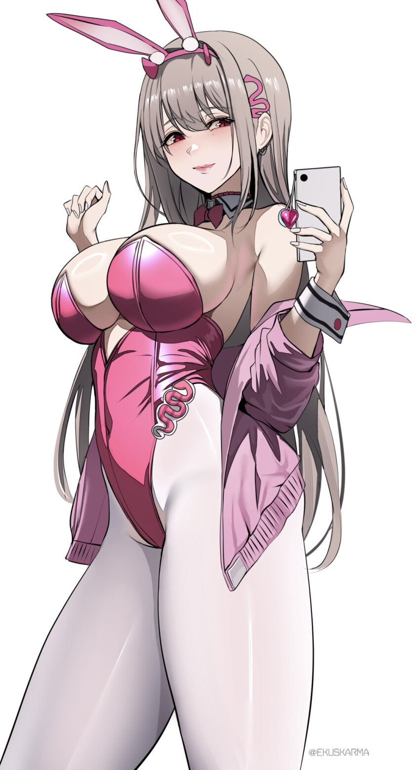 1girl animal_ears blonde_hair blush bow bowtie breasts covered_navel cowboy_shot detached_collar earrings ekuskarma goddess_of_victory:_nikke hair_ornament hands_up highres holding holding_phone horns jacket jacket_partially_removed jewelry large_breasts leotard light_smile long_hair pantyhose phone pink_bow pink_bowtie pink_horns pink_jacket pink_leotard pink_lips playboy_bunny rabbit_ears red_eyes shiny_skin sideways_glance solo standing strapless strapless_leotard twitter_username viper_(nikke) viper_(toxic_rabbit)_(nikke) white_background white_pantyhose wrist_cuffs