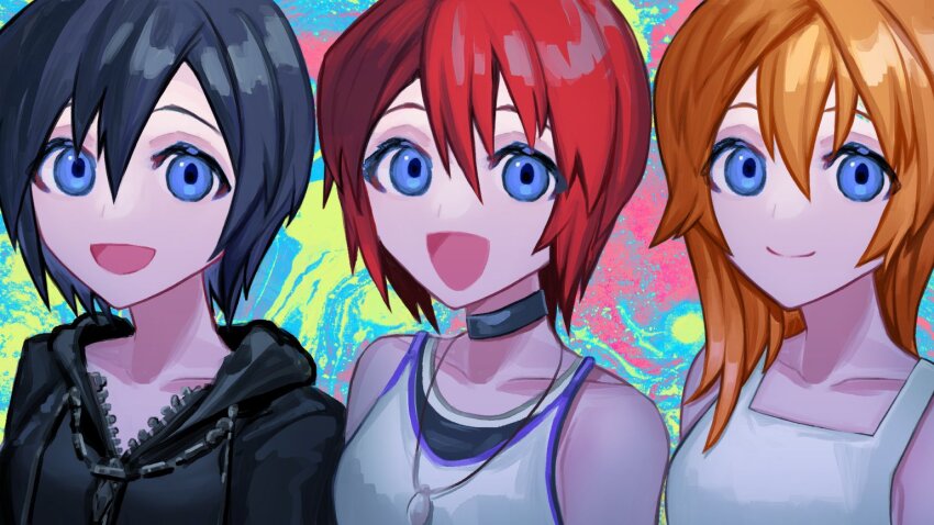 3girls black_choker black_coat_(kingdom_hearts) black_hair blue_eyes breasts camisole choker dress jewelry kairi_(kingdom_hearts) keiseki1 kingdom_hearts kingdom_hearts_358/2_days kingdom_hearts:_chain_of_memories kingdom_hearts_i medium_breasts multiple_girls namine necklace open_mouth orange_hair red_hair smile white_camisole white_dress xion_(kingdom_hearts)
