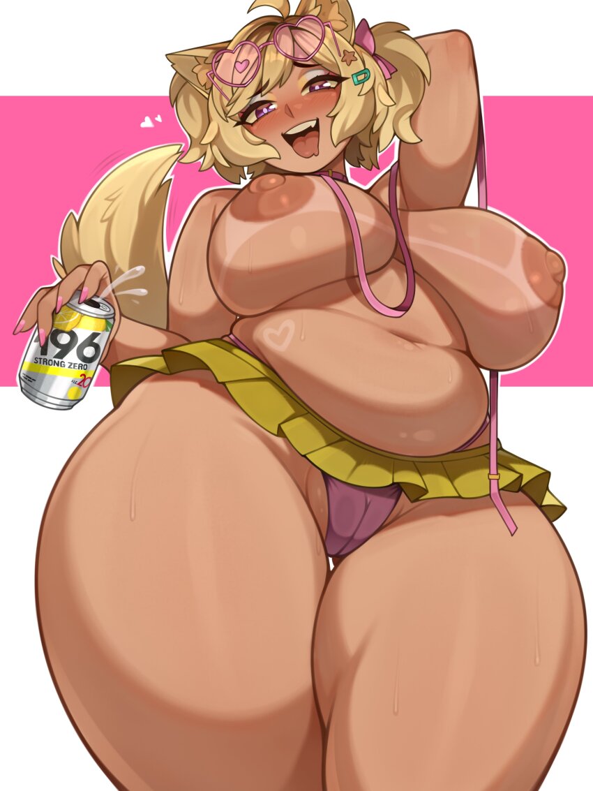 1girl absurdres ahoge animal_ear_fluff animal_ears arm_behind_head blonde_hair blush breasts breasts_apart cameltoe commentary cowboy_shot english_commentary eyewear_on_head hair_ornament hairclip heart heart-shaped_eyewear highres huge_breasts indie_virtual_youtuber large_areolae large_breasts large_nipples looking_at_viewer melonpuff miniskirt mint_castella navel nipples open_mouth outline pink-framed_eyewear pink_background pleated_skirt plump purple_eyes skirt solo strong_zero sunglasses thick_thighs thighs white_background white_outline wide_hips yellow_skirt yellow_tail