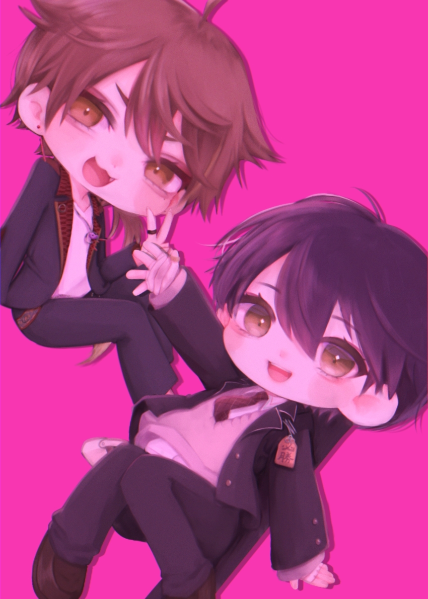 black_jacket black_pants brown_hair earrings fang fushimi_gaku hair_between_eyes highres jacket jewelry kenmochi_touya male_focus mi_oxo_9m necklace nijisanji open_mouth pants pink_background ring shirt simple_background sweater_vest virtual_youtuber waving white_shirt