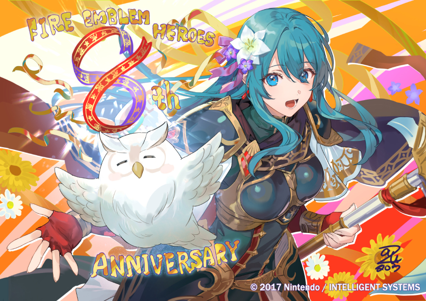 1girl anniversary aqua_hair azu-taro bird blue_eyes cape eirika_(fire_emblem) eirika_(resolute_princess)_(fire_emblem) feh_(fire_emblem_heroes) fingerless_gloves fire_emblem fire_emblem:_the_sacred_stones fire_emblem_heroes flower gloves green_cape hair_flower hair_ornament long_hair looking_at_viewer nintendo open_mouth red_gloves