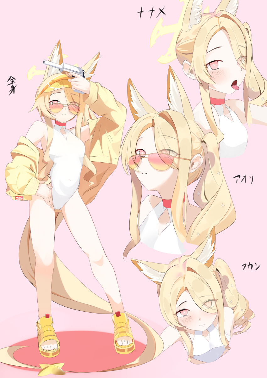1girl absurdres animal_ear_fluff animal_ears arm_up blonde_hair blue_archive blush breasts closed_mouth clothing_cutout commentary commentary_request covered_navel cross_halo diamond_cutout dot_nose english_commentary extra_ears eyes_visible_through_hair feet fox_ears fox_girl fox_tail full_body gluteal_fold gun hair_over_one_eye halo hand_above_head hand_on_own_hip highleg highleg_one-piece_swimsuit highres hno3_3hcl holding_pistol jacket loli long_hair long_sidelocks long_sleeves looking_at_viewer multiple_views off_shoulder official_alternate_costume official_alternate_hairstyle one-piece_swimsuit open_clothes open_jacket open_mouth orange-tinted_eyewear orange_eyes pink_background sandals seia_(blue_archive) seia_(swimsuit)_(blue_archive) shoes side_ponytail sidelocks simple_background small_breasts smile solo split_mouth standing star_ornament sunglasses swimsuit tail tail_ornament thighs tinted_eyewear toes tongue tongue_out translation_request upper_body very_long_hair very_long_tail visor_cap weapon white_one-piece_swimsuit yellow_halo yellow_jacket yellow_sandals yellow_visor