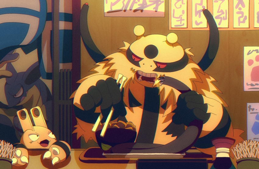 batter cable chopsticks eating electivire elekid gen_2_pokemon gen_4_pokemon gen_8_pokemon highres holding holding_chopsticks indoors joez looking_at_another nintendo no_humans open_mouth pokemon pokemon_(creature) red_eyes restaurant soy_sauce_bottle table teeth toxtricity toxtricity_(amped) tray wooden_wall