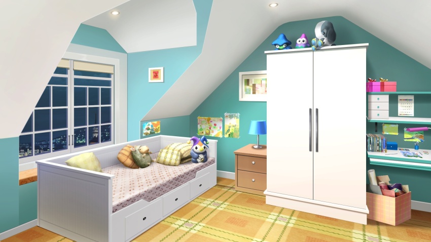 apartment bed bedroom book box calendar_(object) cardboard_box carpet chest_of_drawers city_lights cityscape desk_lamp drawer gift highres indoors lamp night no_humans non-web_source official_art our_life:_beginnings_and_always photo_(object) pillow scenery stuffed_toy variant_set wardrobe_malfunction window window_blinds