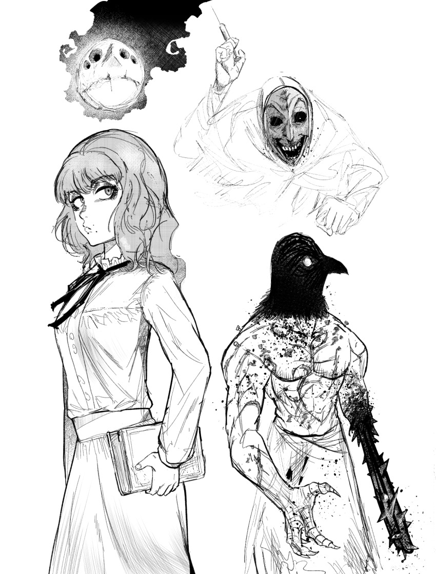 1girl 2boys animal_head arm_up black_ribbon book claws cowboy_shot crow_mauler(fear_&amp;_hunger) evil_smile fear_&amp;_hunger fear_&amp;_hunger_2:_termina frilled_shirt_collar frills highres holding holding_book holding_syringe long_hair long_skirt long_sleeves looking_to_the_side marina_(fear_&amp;_hunger) mouth_piercing multiple_boys needles_(fear_&amp;_hunger) prosthetic_weapon rher_(fear_&amp;_hunger) ribbon sen_(sus_pain) shirt simple_background sketch skirt smile standing syringe topless_male upper_body white_background white_shirt