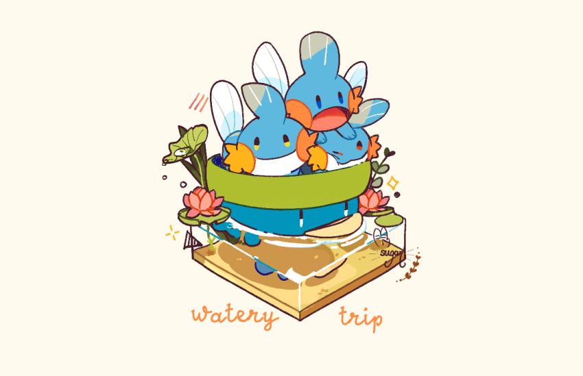 afloat blue_eyes commentary creature gen_3_pokemon lily_pad lotad mudkip nintendo no_humans open_mouth pokemon pokemon_(creature) riding riding_pokemon signature sugahri tongue water water_drop