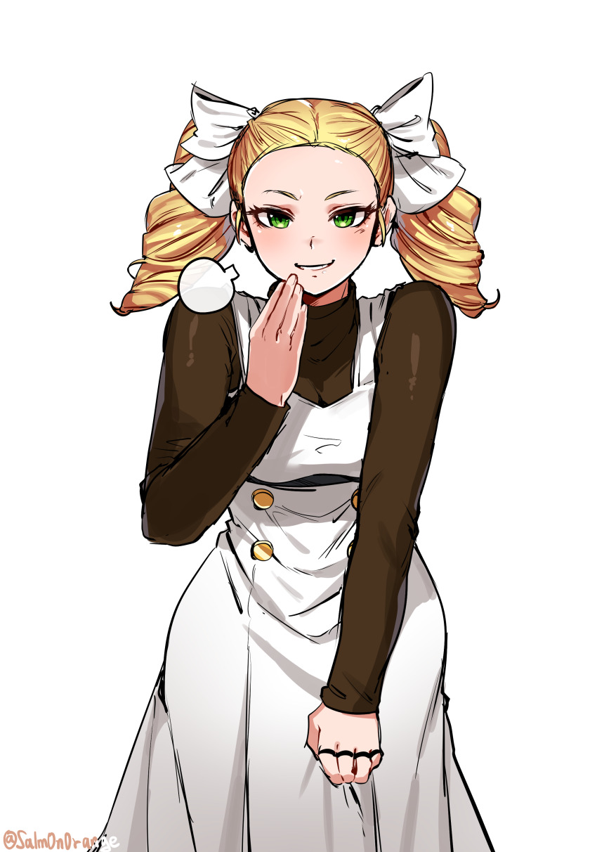 1girl absurdres blonde_hair dress drill_hair green_eyes grin hair_ribbon highres last_origin long_hair looking_at_viewer mercury_(last_origin) ojou-sama_pose pinafore_dress ribbon salm0n0range sleeveless_dress smile solo twin_drills twitter_username white_background white_dress white_ribbon