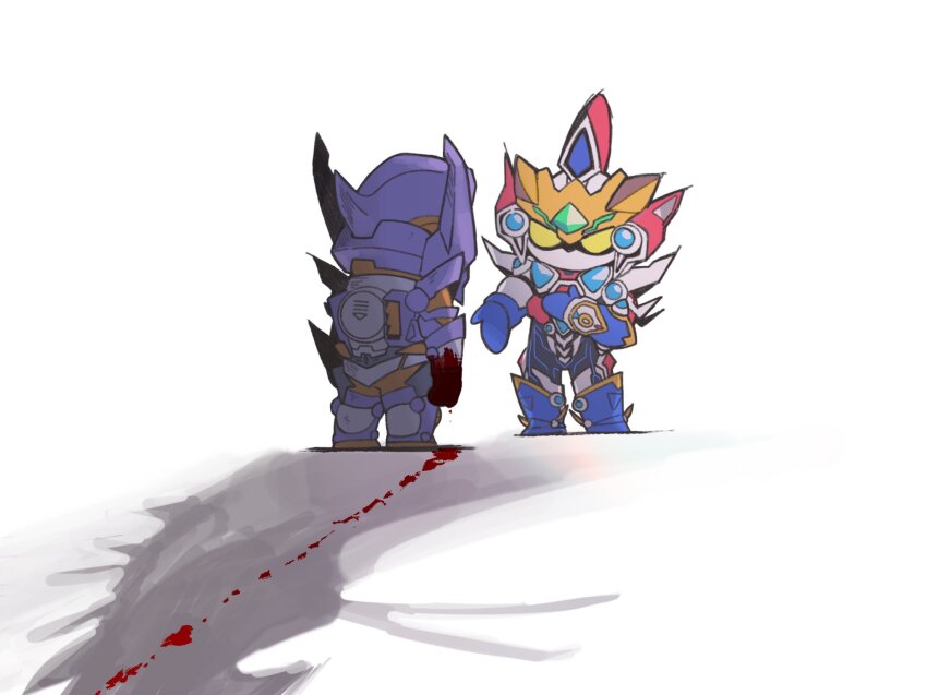 acceptor anti_(ssss.gridman) armor blood chibi gridknight_(ssss.gridman) gridman_(character) gridman_universe gridman_universe_(movie) gridman_universe_fighter highres mecha no_humans open_hand robot science_fiction shadow standing sukoshi_semashi tokusatsu yellow_eyes