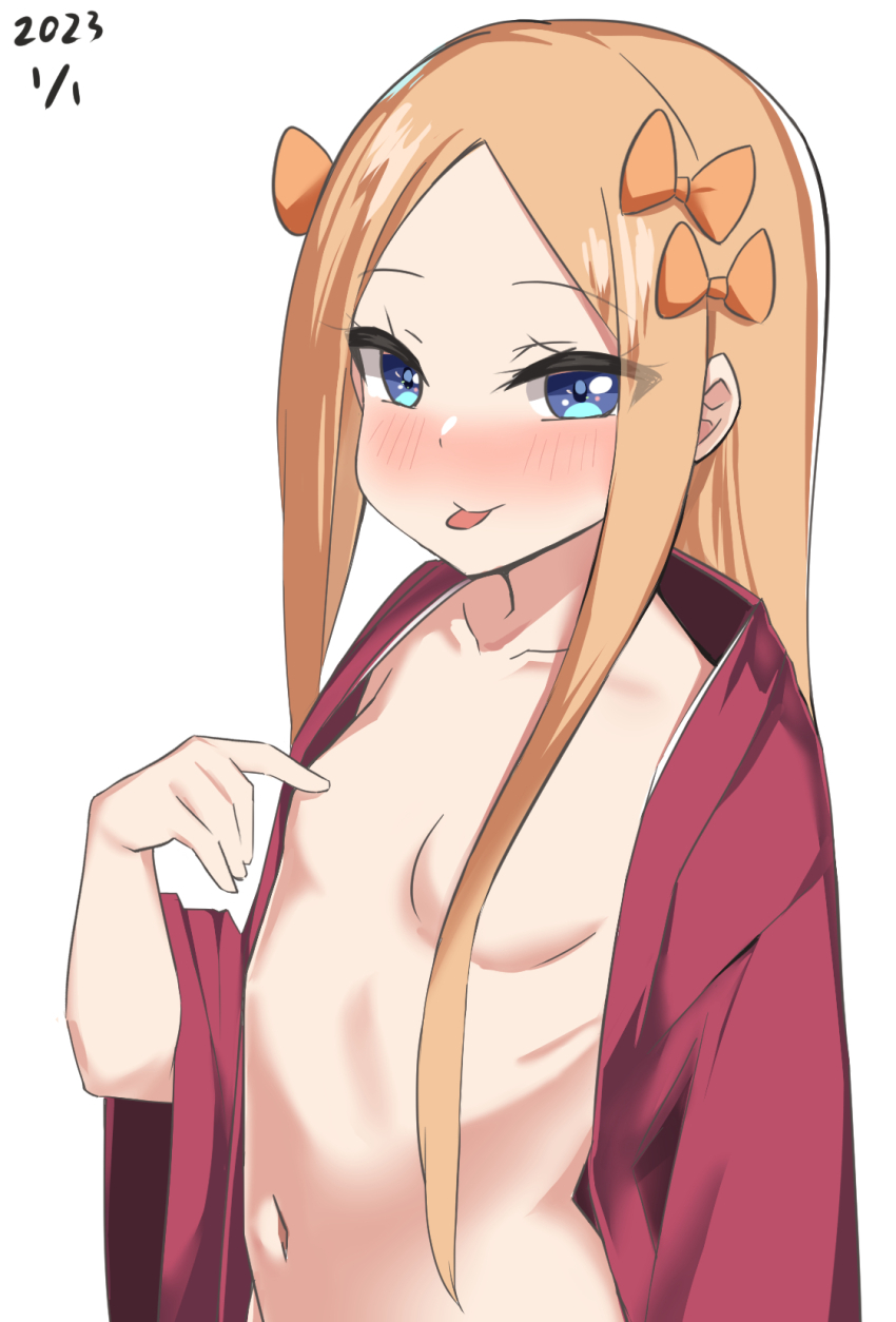 1girl abigail_williams_(fate) blonde_hair blue_eyes blush bow breasts dated fate/grand_order fate_(series) hair_bow highres loli long_hair mz_(ltge3238) navel open_clothes orange_bow parted_bangs simple_background small_breasts smile tongue tongue_out white_background