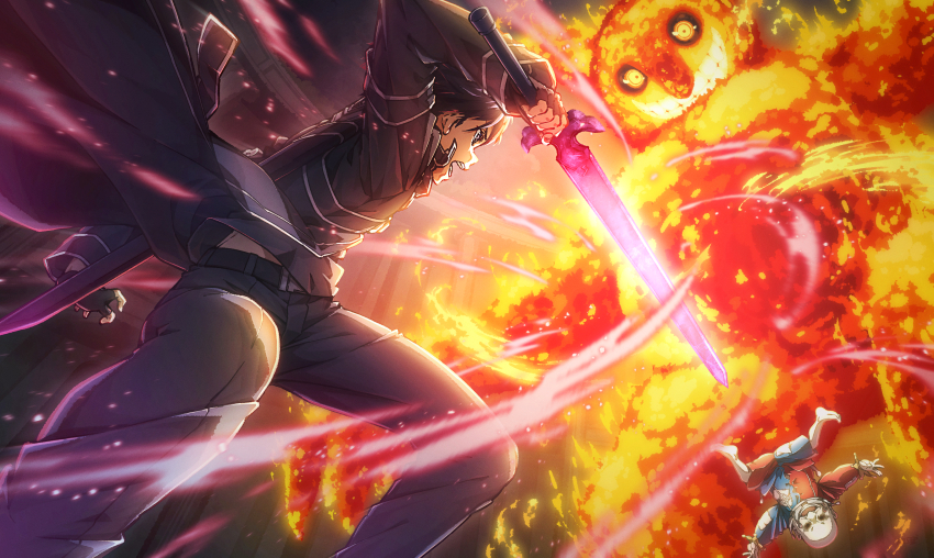 1boy 2boys absurdres battle black_hair coat commission fingerless_gloves fire gloves glowing highres holding holding_sword holding_weapon kirito male_focus multiple_boys oboro_neko pants sheath sword sword_art_online sword_art_online:_alicization weapon