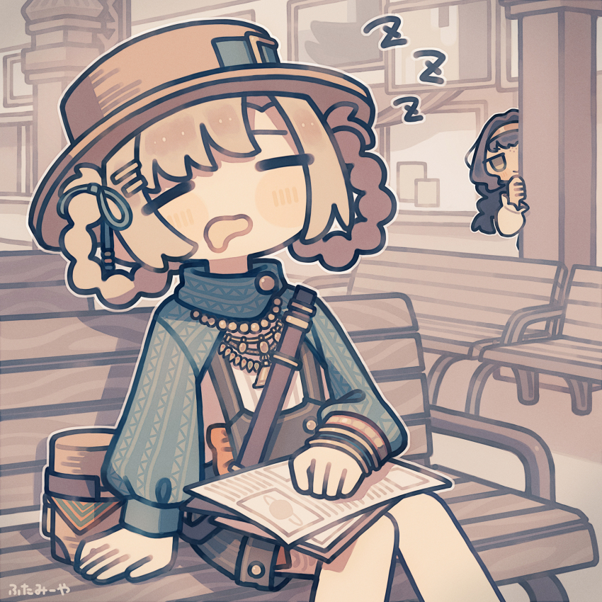 2girls bench black_hair black_shorts blush boater_hat braid braided_hair_rings brown_headwear closed_eyes drooling facial_mark forehead_mark futami_ya hair_ornament hair_rings hairclip hat highres jewelry kanjira long_sleeves matilda_bouanich matilda_bouanich_(the_genius&#039;s_holiday) mouth_drool multiple_girls open_mouth overall_shorts overalls paper peeking_out reverse:1999 shorts sitting sleeping sleeping_upright zzz
