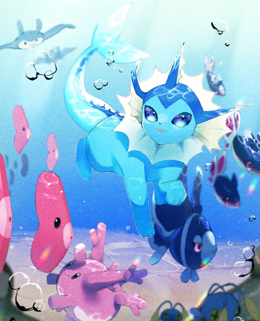 black_eyes blue_eyes bubble chinchou corsola finneon fins fish forked_tail gen_1_pokemon gen_2_pokemon gen_3_pokemon gen_4_pokemon highres lumineon luvdisc mantine nintendo open_mouth pokemon pokemon_(creature) shiznar smile spikes swimming tail tongue tongue_out underwater vaporeon