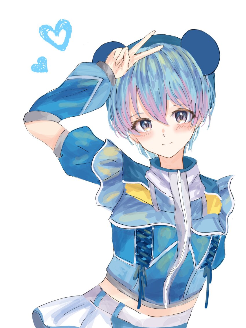 1girl absurdres arm_up bang_dream! bang_dream!_mugendai_mewtype blue_arm_warmers blue_hair blue_hairband blue_jacket blush closed_mouth commentary frilled_jacket frills gradient_hair grey_eyes hair_between_eyes hairband hashtag-only_commentary heart highres jacket latte_bf long_hair midriff_peek minetsuki_ritsu multicolored_hair pink_hair short_hair short_sleeves simple_background skirt solo v virtual_youtuber white_background white_skirt