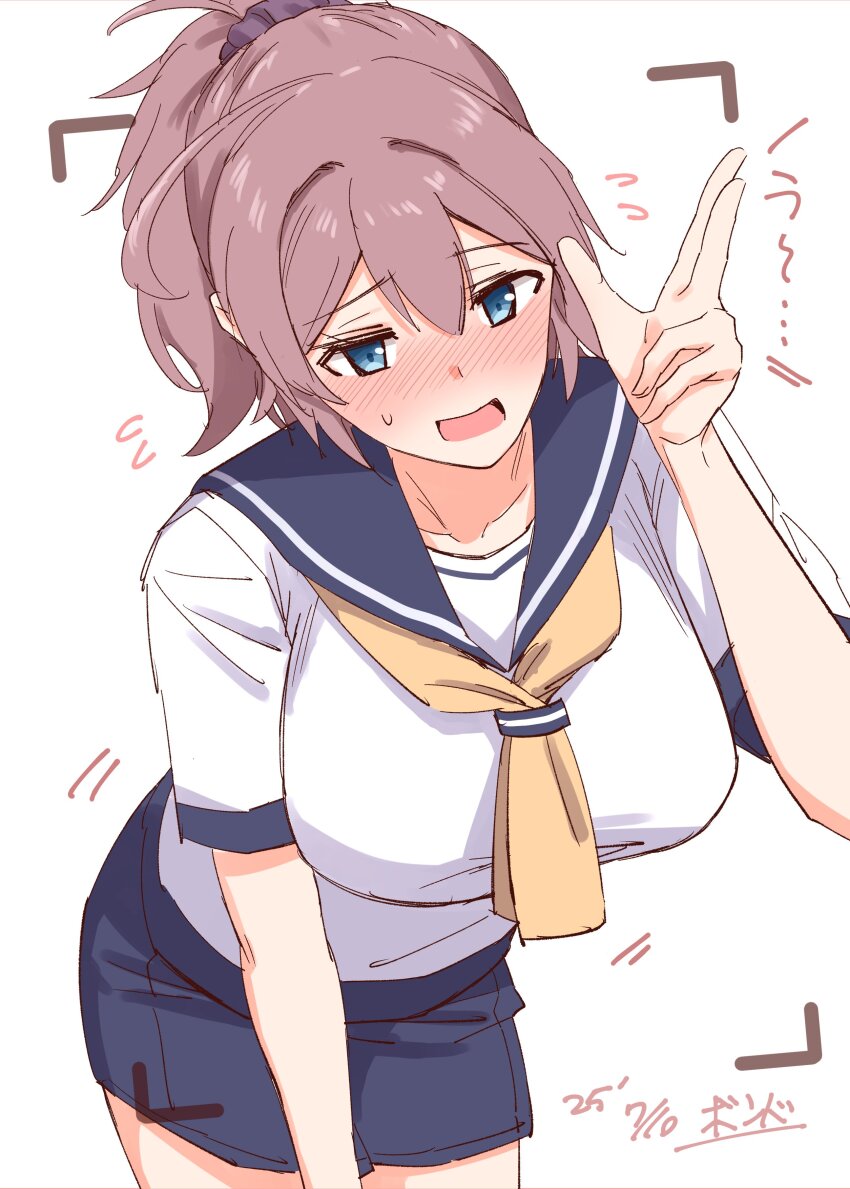 1girl absurdres aoba_(kancolle) blue_scrunchie breasts commentary_request flying_sweatdrops hair_ornament hair_scrunchie highres kantai_collection large_breasts messy_hair neckerchief one-hour_drawing_challenge ponytail purple_sailor_collar purple_shorts sailor_collar salute school_uniform scrunchie serafuku short_hair shorts simple_background solo viewfinder watashitachino_kareshi white_background yellow_neckerchief