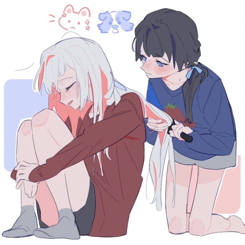 2girls alternate_hair_length alternate_hairstyle animalization barefoot black_hair black_shorts blue_ribbon blue_shirt blush brushing_another&#039;s_hair brushing_hair cat closed_eyes closed_mouth colored_inner_hair commentary_request dollchestra full_body grey_hair grey_shorts grey_socks hair_ribbon highres hood hoodie kneeling link!_like!_love_live! long_hair long_sleeves love_live! low_twintails multicolored_hair multiple_girls murano_sayaka nose_blush parted_lips person_and_animalization pipi_(m1x_mix) profile red_hair red_hoodie red_panda ribbon shirt short_shorts shorts sidelocks simple_background socks streaked_hair twintails two-tone_hair virtual_youtuber yugiri_tsuzuri