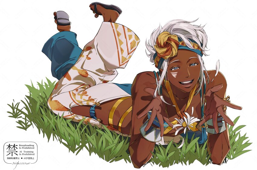 1girl absurdres breasts cleavage dark-skinned_female dark_skin elena_(street_fighter) feet_up flower grass halterneck headband highres lying official_alternate_costume official_alternate_hairstyle on_stomach overalls shioajiass smile solo street_fighter street_fighter_6 the_pose very_dark_skin white_hair