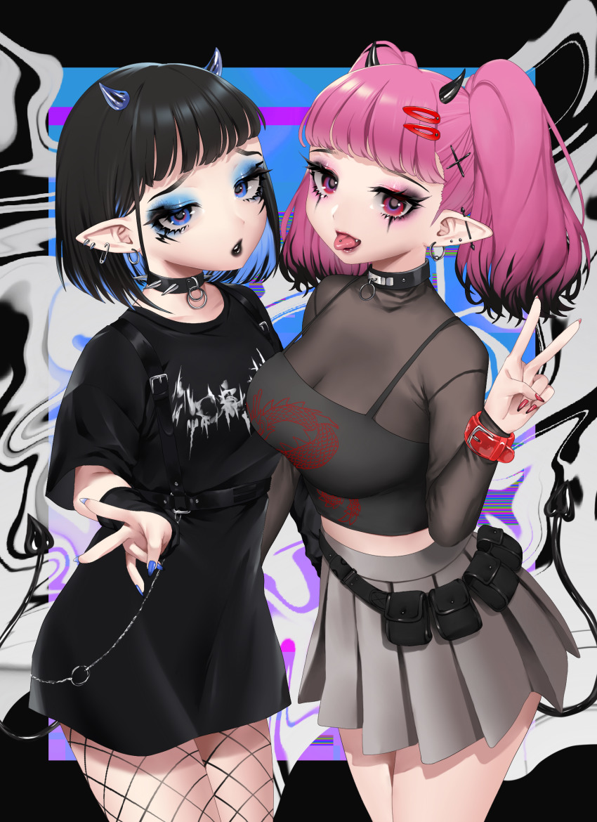 2girls absurdres belt belt_pouch bitaro black_belt black_eyeshadow black_hair black_lips black_shirt blue_eyeshadow blue_hair blue_nails camisole collar colored_inner_hair crop_top demon_girl ear_piercing eyelashes eyeshadow fang fishnet_legwear fishnets goth_fashion gothic gradient_hair grey_shirt grey_skirt hair_ornament hairpin halloween harness highres looking_at_viewer makeup mascara miniskirt multicolored_hair multiple_girls nail_polish original pantyhose piercing pink_eyeshadow pink_hair pink_lips pleated_skirt pointy_ears pouch red_belt red_nails safety_pin see-through_clothes shirt short_hair skirt spiked_collar spikes strap_gap t-shirt tongue tongue_out tongue_piercing utility_belt v wrist_straps x_hair_ornament