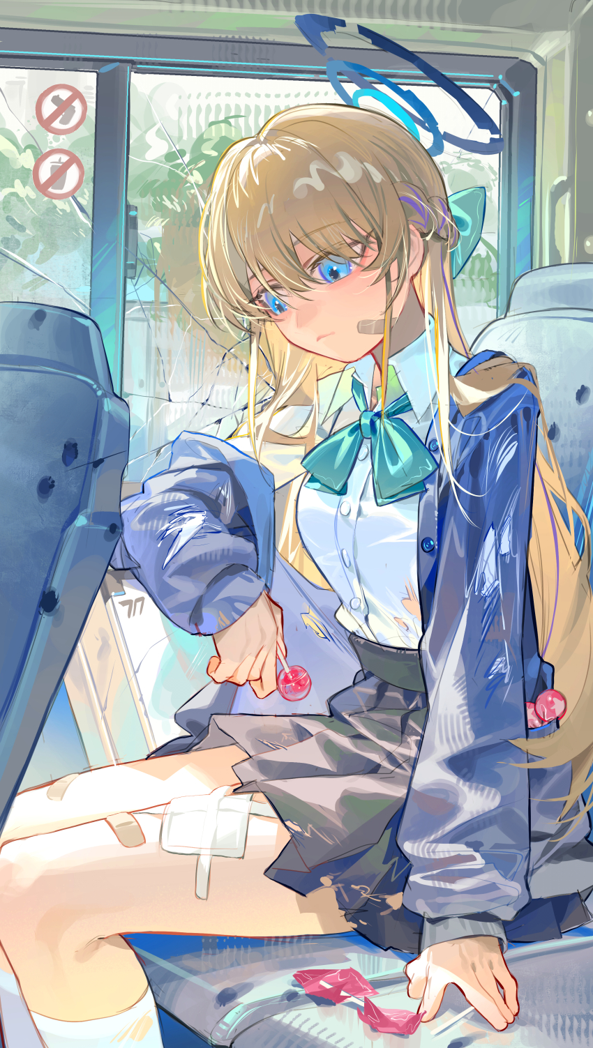 1girl absurdres bandaid bandaid_on_face bandaid_on_leg black_skirt blonde_hair blue_archive blue_bow blue_eyes blue_jacket bow bullet_hole candy closed_mouth food hair_between_eyes hair_bow high-waist_skirt highres holding holding_candy holding_food holding_lollipop jacket kneehighs lollipop long_hair looking_down official_alternate_costume official_alternate_hairstyle omurice_(304975636) shirt sidelocks sitting skirt socks solo toki_(blue_archive) toki_(school_uniform)_(blue_archive) white_shirt white_socks