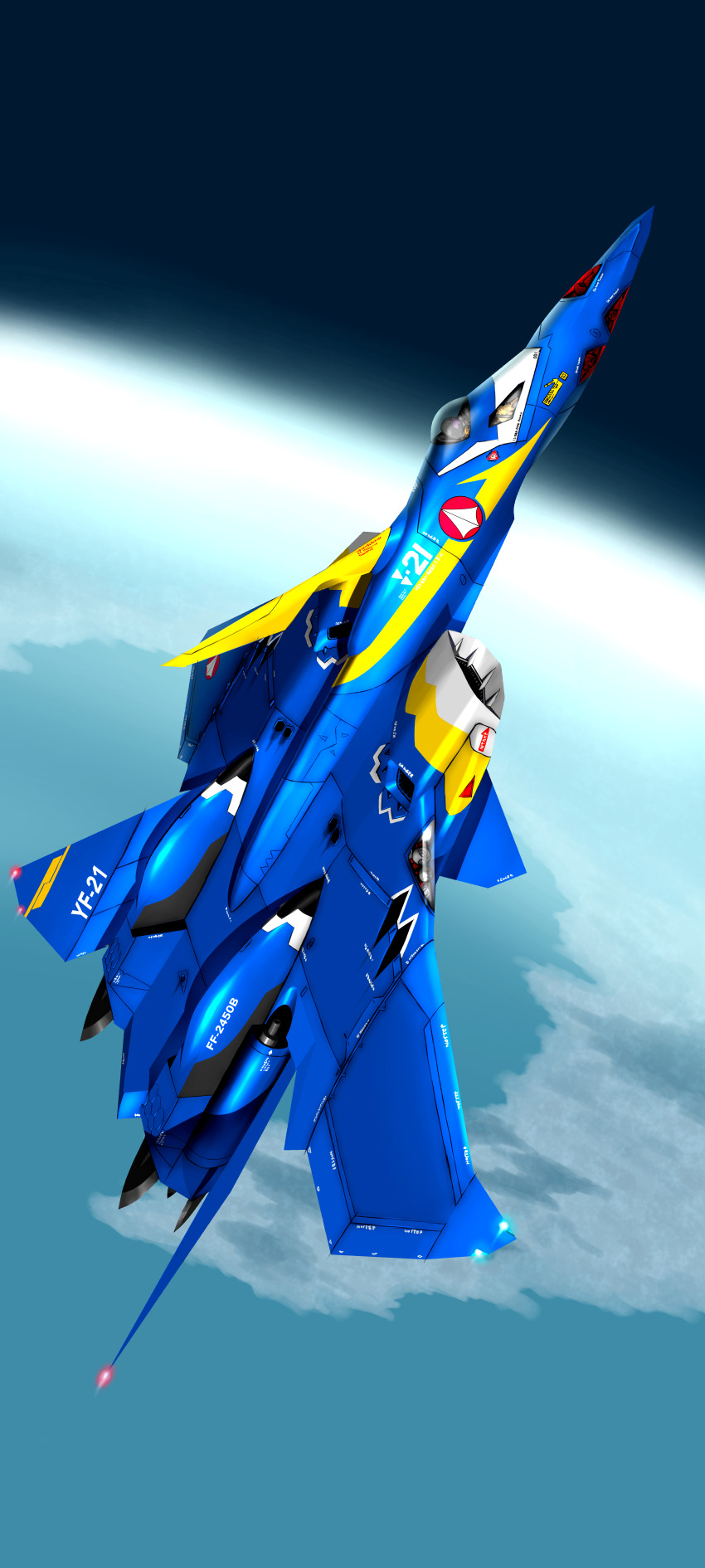 1boy absurdres canards canopy_(aircraft) character_name commentary guld_goa_bowman highres in_orbit incredibly_absurdres kimuwaipu macross macross_plus mecha_pilot_suit pilot planet roundel science_fiction u.n._spacy variable_fighter yf-21