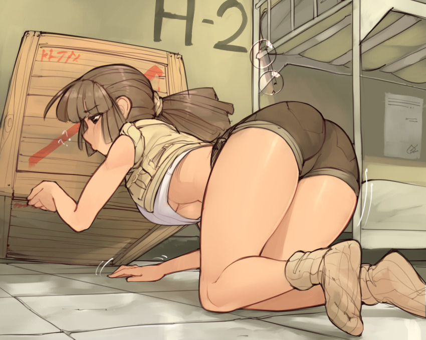 1girl ? all_fours ass bed blush box breasts brown_hair brown_shorts brown_socks bunk_bed crate crop_top crop_top_overhang cropped_jacket unworn_eyewear female_focus fio_germi from_behind full_body glasses green_jacket hair_tie half-closed_eyes hand_up highres indoors jacket large_breasts legs long_hair looking_down looking_for_glasses metal_slug midriff motion_lines no_shoes on_floor paper ponytail round_eyewear searching shiny_skin shirt short_shorts shorts sidelocks sleeveless sleeveless_shirt sleeves_rolled_up snk socks solo tile_floor tiles underboob upshirt wamudraws white_shirt