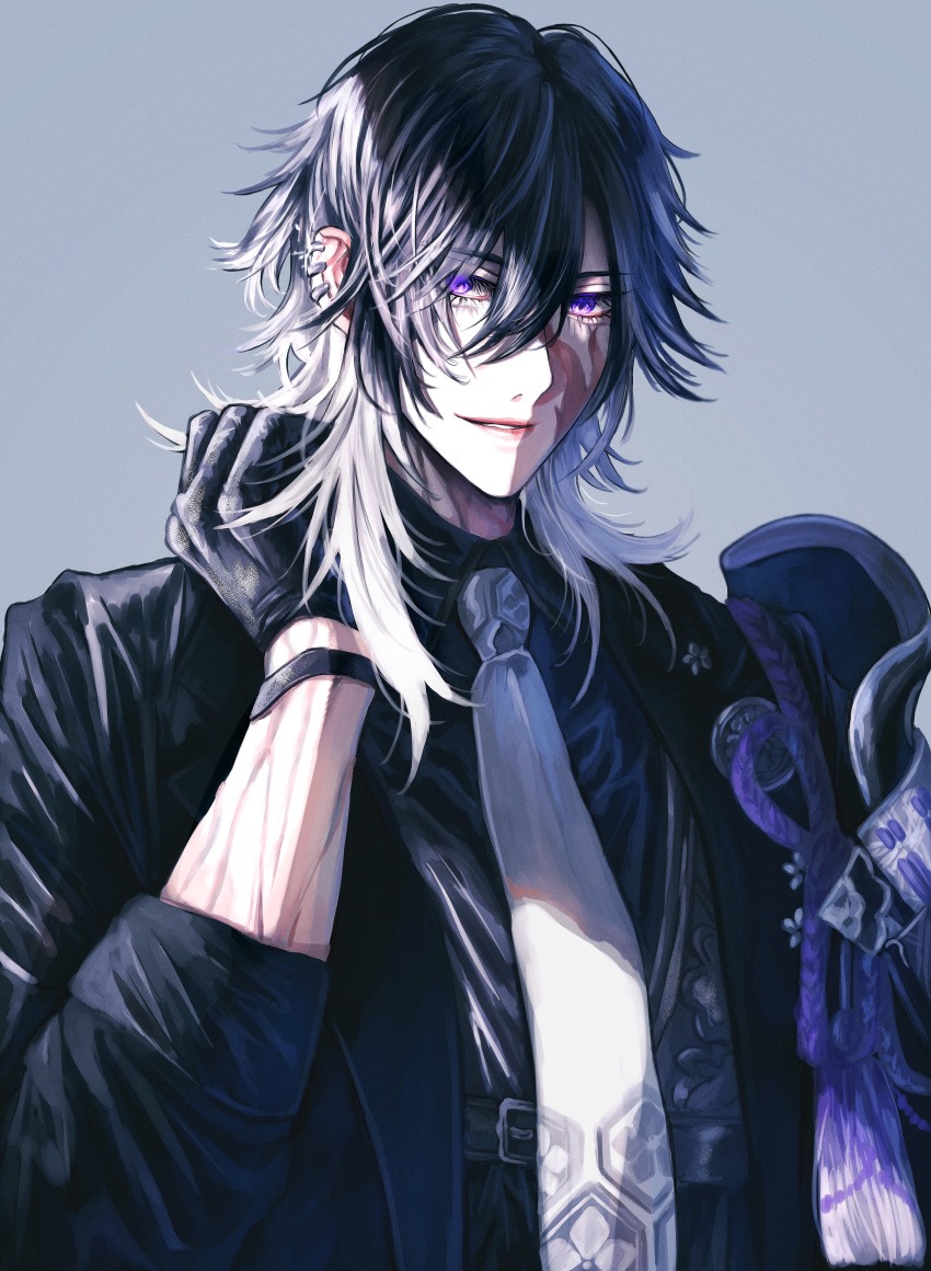 1boy absurdres armor asymmetrical_hair bishounen black_gloves black_hair black_jacket black_shirt blue_background burn_scar collared_shirt commentary ear_piercing facial_scar gloves glowing glowing_eyes gradient_hair hair_between_eyes hair_over_shoulder hakka_(mint) hand_up highres jacket japanese_armor jikkyuu_mitsutada long_sleeves looking_at_viewer male_focus medium_hair multicolored_hair necktie open_clothes open_jacket parted_lips piercing purple_eyes scar scar_on_cheek scar_on_face shirt shoulder_armor simple_background single_sode smile sode solo tassel touken_ranbu upper_body white_hair white_necktie wing_collar