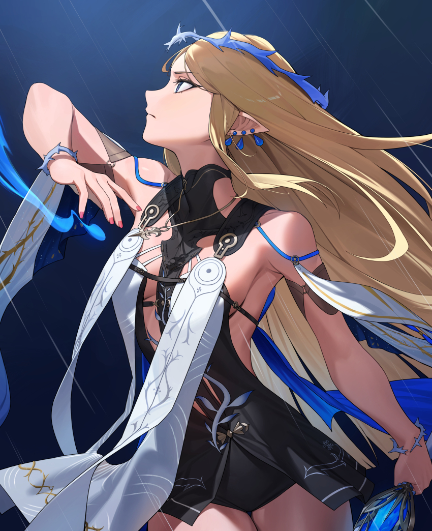 1girl arm_up bare_shoulders black_collar black_dress blonde_hair blue_eyes breasts cartethyia_(wuthering_waves) closed_mouth collar commentary cowboy_shot crown_of_thorns dress earrings fingernails from_side highres holding holding_sword holding_weapon jewelry long_hair looking_up narut_(gurenarut) necklace pointy_ears profile sidelocks small_breasts solo sword tabard thighs weapon white_tabard wuthering_waves