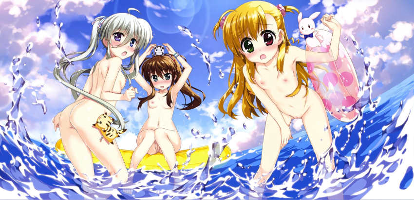 3girls blush breasts cleft_of_venus einhard_stratos flat_chest fujima_takuya fuka_reventon highres innertube looking_at_viewer lyrical_nanoha multiple_girls nipples nude nude_filter ocean pussy small_breasts swim_ring third-party_edit vivio