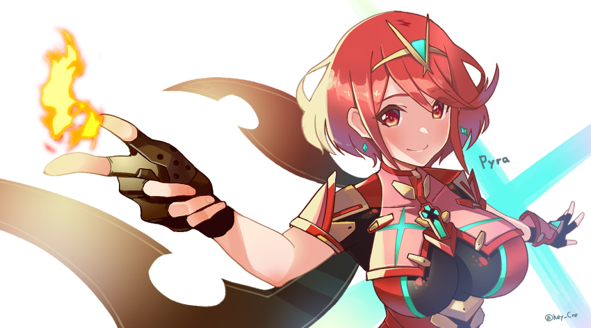 1girl black_gloves breasts chest_jewel earrings fingerless_gloves gem gloves headpiece hey_cre highres jewelry large_breasts pyra_(xenoblade) red_eyes red_hair short_hair short_shorts shorts solo swept_bangs tiara xenoblade_chronicles_(series) xenoblade_chronicles_2