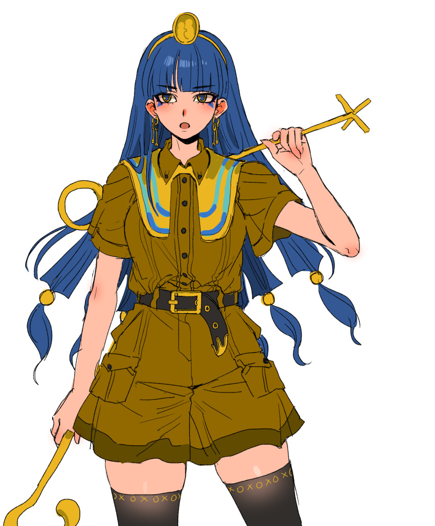 1girl belt black_thighhighs blue_eyes blue_hair brown_shirt brown_skirt earrings facial_tattoo fossilized_wonders highres holding holding_polearm holding_weapon jewelry kuya_(hey36253625) long_hair michigami_nareko open_mouth polearm shirt skirt solo tattoo thighhighs touhou weapon