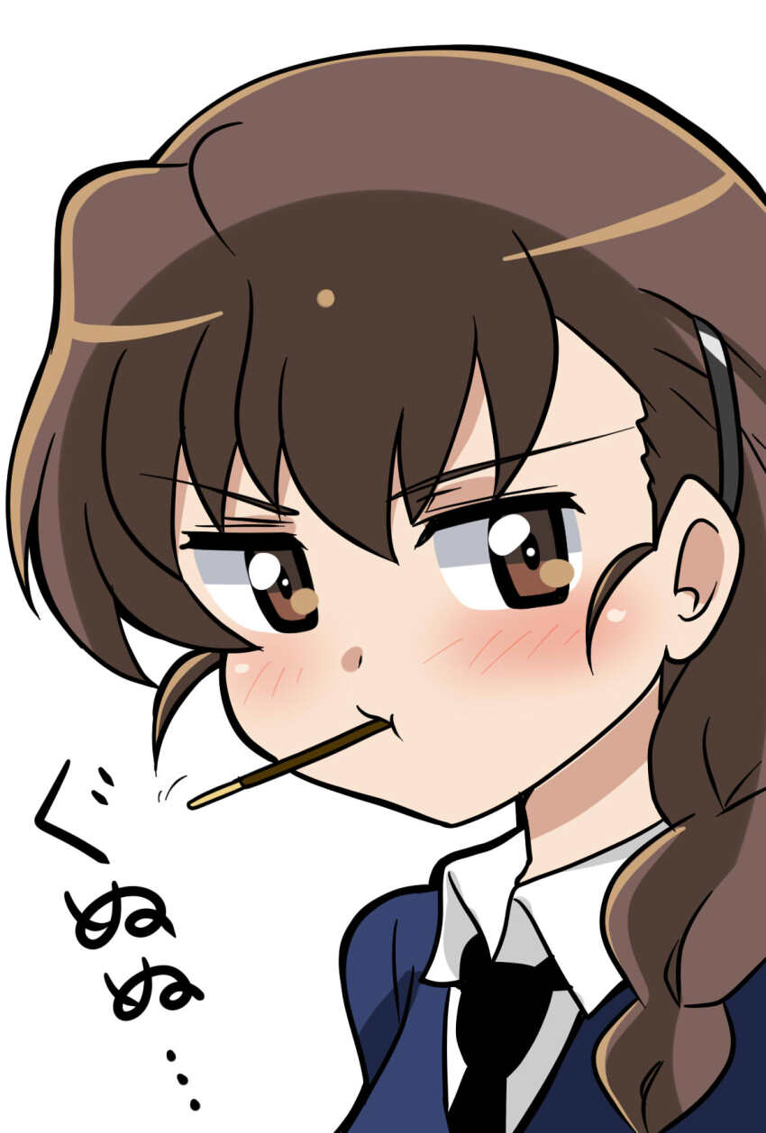 1girl black_necktie blue_sweater brown_eyes brown_hair collared_shirt food food_in_mouth girls_und_panzer hair_ornament hairpin highres long_braid long_hair looking_to_the_side necktie pocky pocky_in_mouth pout rukuriri_(girls_und_panzer) school_uniform shirt solo st._gloriana&#039;s_school_uniform sweater translation_request wakku_kan white_shirt