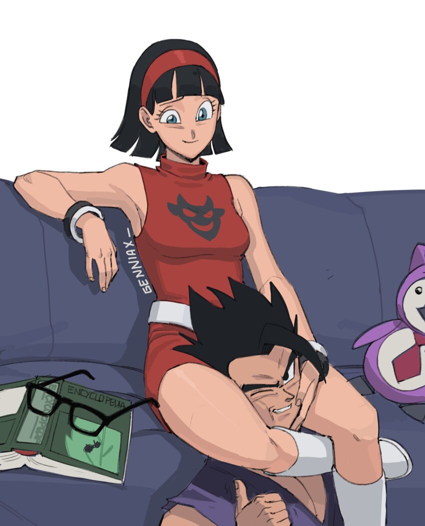 1boy 1girl black_eyes black_hair blue_eyes couple dragon_ball dragon_ball_super dragon_ball_super_super_hero genniax happy highres husband_and_wife smile son_gohan tagme thick_thighs thigh_grab thighs thumbs_up ultimate_gohan videl
