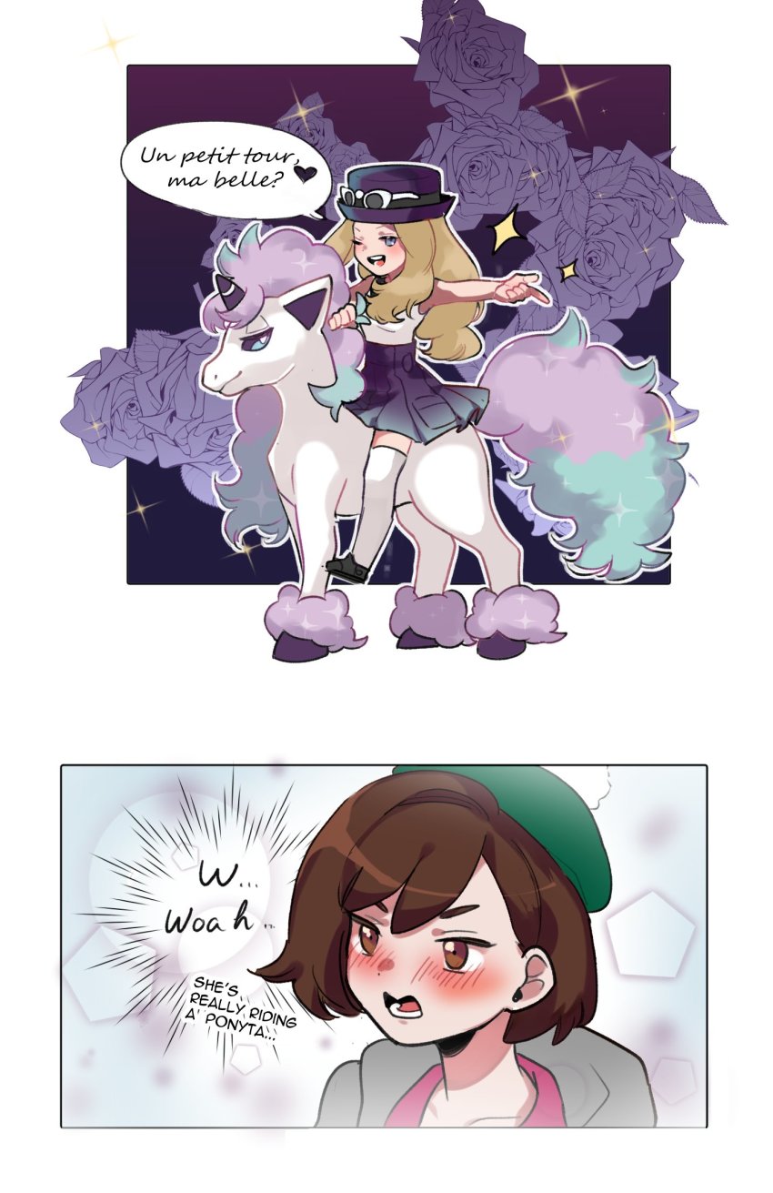 2girls blonde_hair blush brown_eyes brown_hair cardigan commentary english_commentary french_text galarian_form galarian_ponyta gen_8_pokemon gloria_(pokemon) green_headwear grey_cardigan hat highres holding long_hair long_sleeves multiple_girls nintendo open_mouth pokemon pokemon_(creature) pokemon_swsh pokemon_xy riding riding_pokemon scottish_english_text serena_(pokemon) sheery_sbox short_hair skirt sleeveless_duster smile sunglasses tam_o&#039;_shanter thighhighs